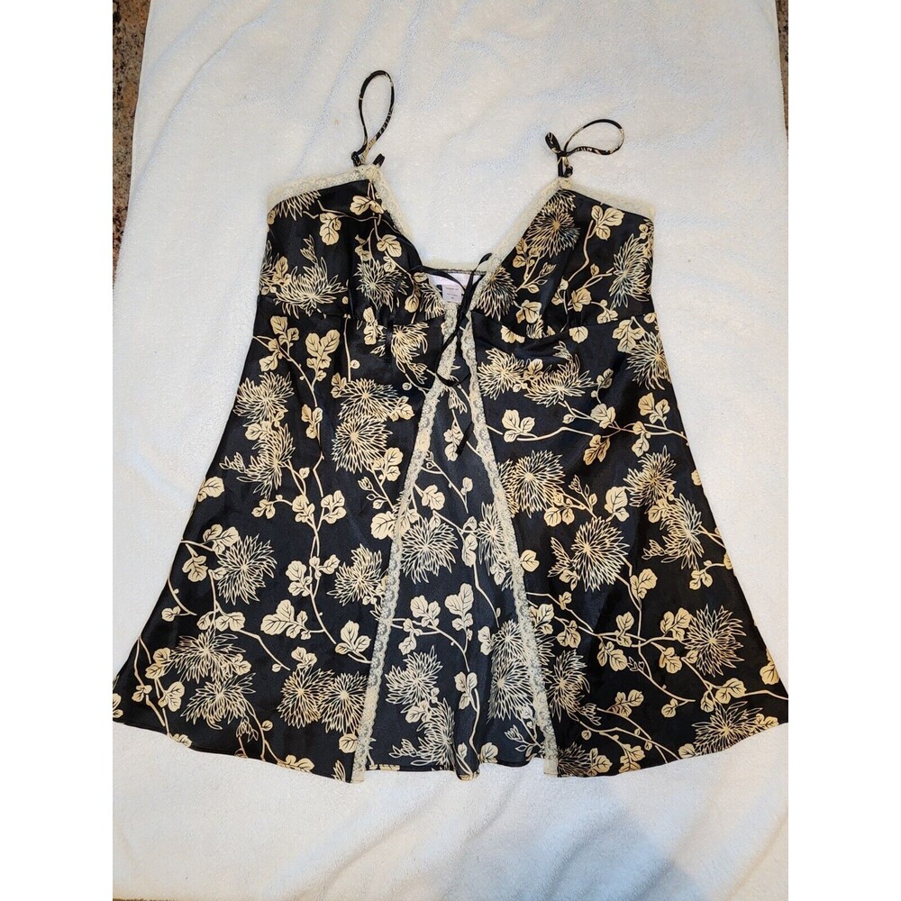 Y2k Victoria's Secret Black Gold Tie Babydoll Chemise Size M  Lace Satin